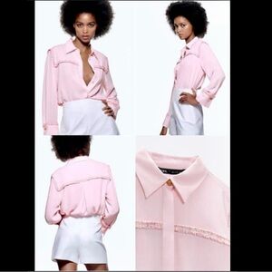 Zara Women’s Contrast Textured Pink Barbie Core Elegant Long Sleeve Blouse Sz M